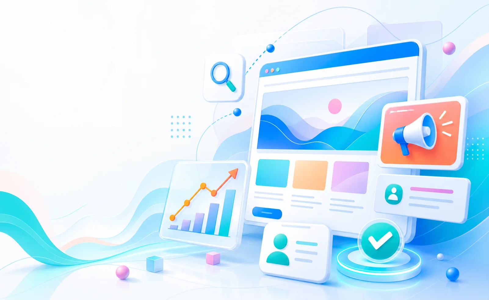 Jasna ilustracja marketingowa pokazująca stronę internetową, SEO i kampanie reklamowe